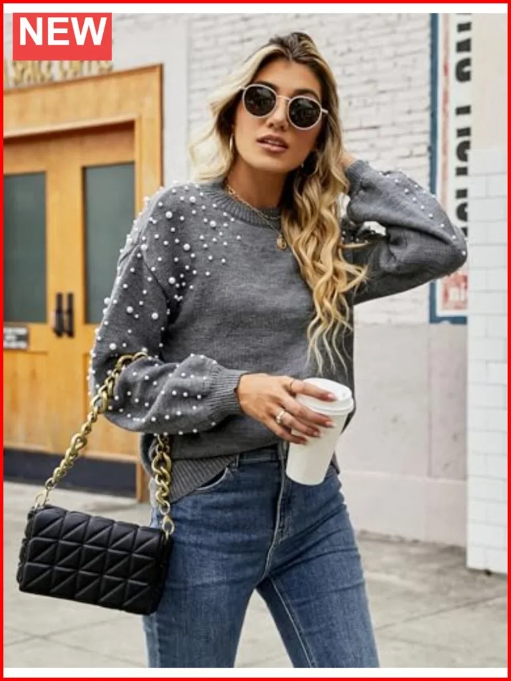 Oversized Chunky Knit Pullover Sweater Mock Neck Lantern Sleeve Women's